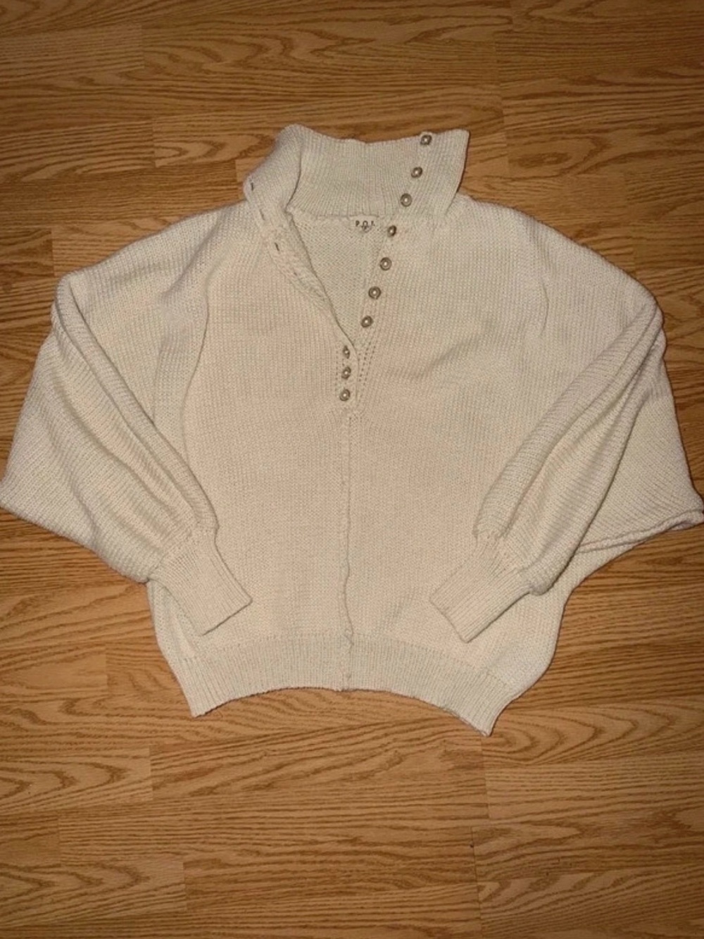 POL Button-Placket Cream Turtleneck Sweater with Pearl Buttons - Women